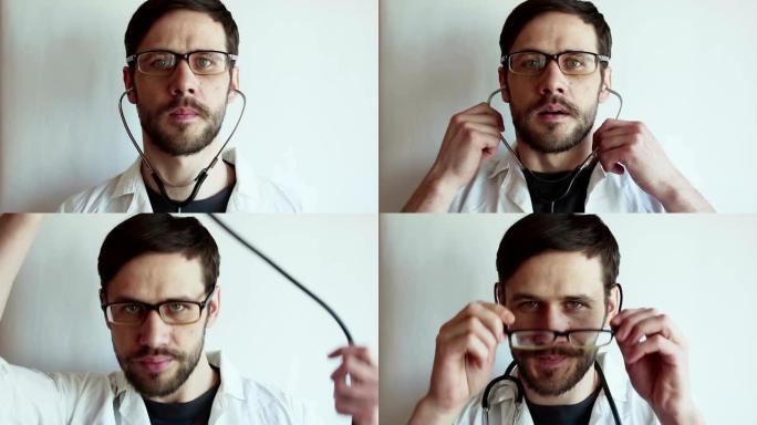 一位年轻英俊的医生摘下眼镜，从乏力擦擦眼睛，完成了对病人的检查。