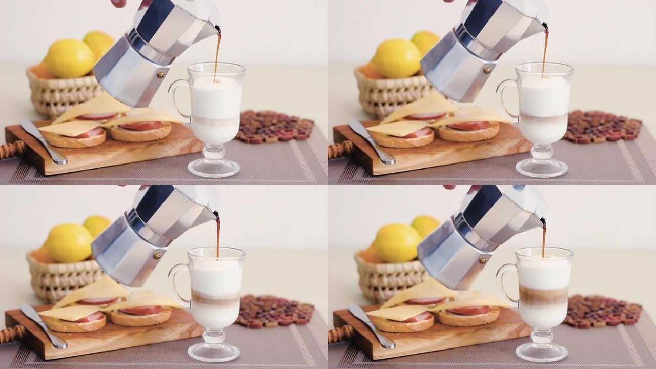 在家庭厨房中制作拿铁玛奇朵，将咖啡从莫卡壶倒入高杯和牛奶中