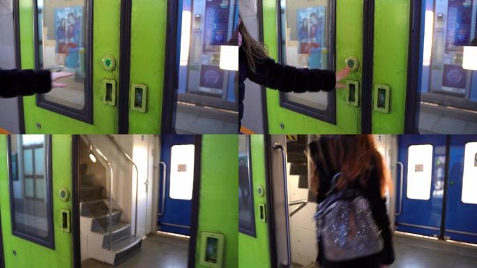 女孩的手的特写镜头按下火车门的绿色按钮在车站将其打开。等待列车到达和车门打开的女性乘客。女人进入火车
