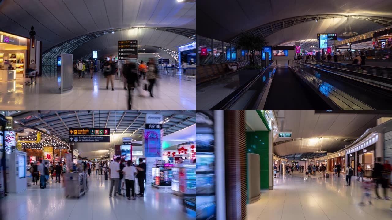 曼谷市国家机场著名的大型免税商店区步行延时全景4k泰国