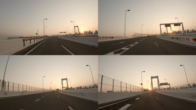 在高速公路上行驶/日落/彩虹桥/慢动作