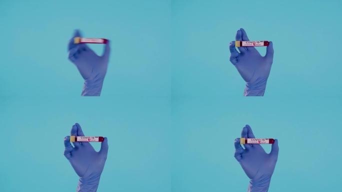 男性手与蓝色手术乳胶手套摇动阳性新型冠状病毒肺炎血液试管隔离在蓝色背景