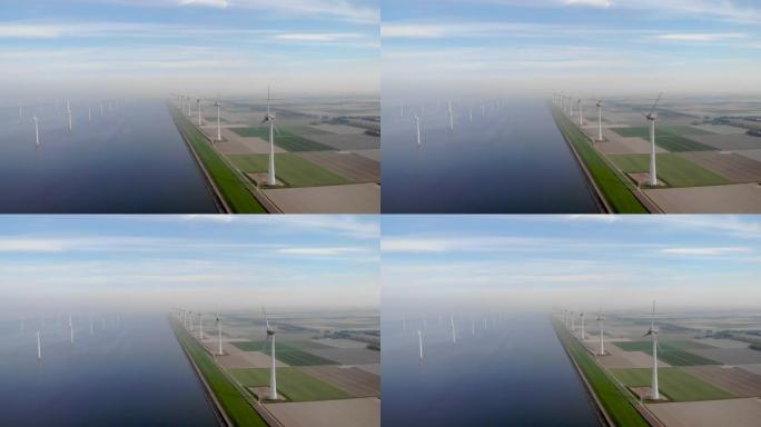 荷兰的风车农场，风车涡轮花卉和在土地上工作的农民，荷兰的绿色能源