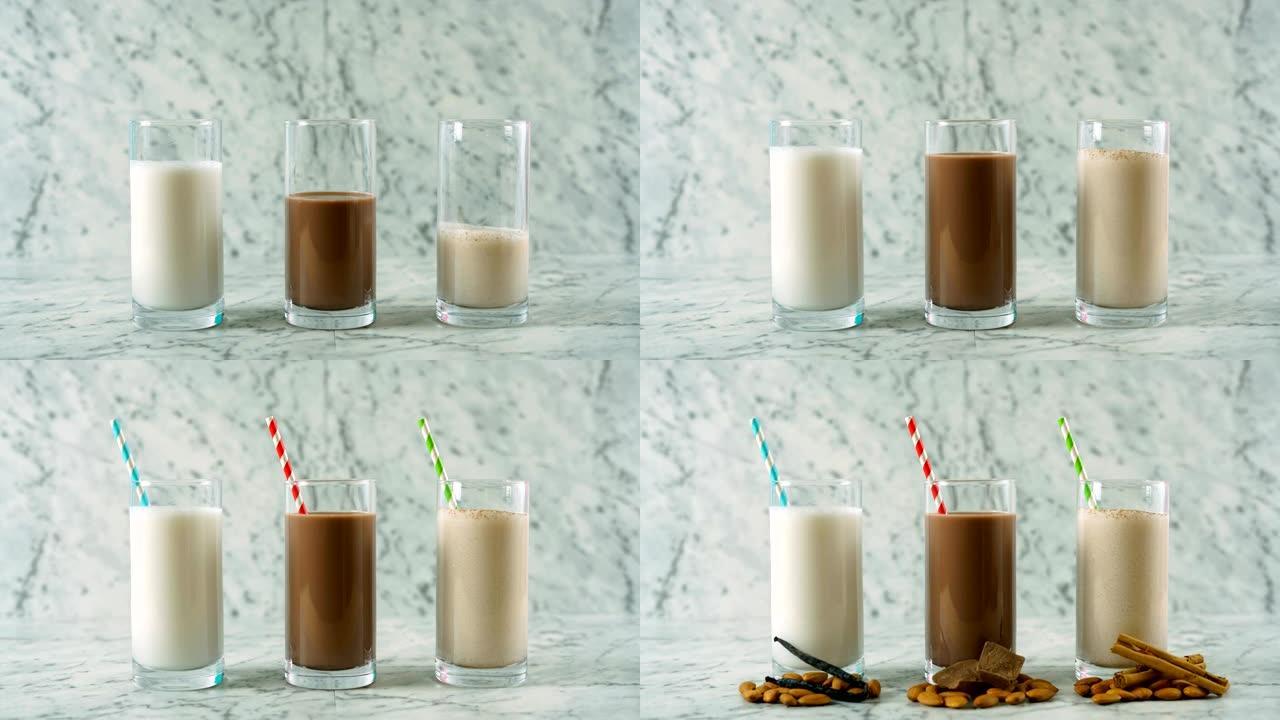 眼镜中的香草，巧克力和肉桂杏仁牛奶的定格动画。