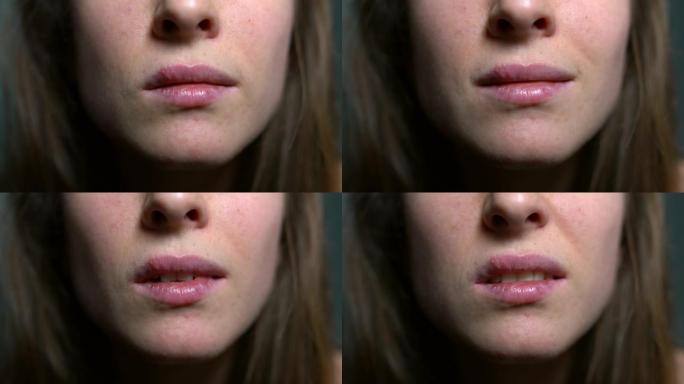 紧张而疲惫的女性脸上的上唇上有疱疹疮。免疫系统弱，维生素损失和不健康的生活方式导致单纯疱疹病毒出现。
