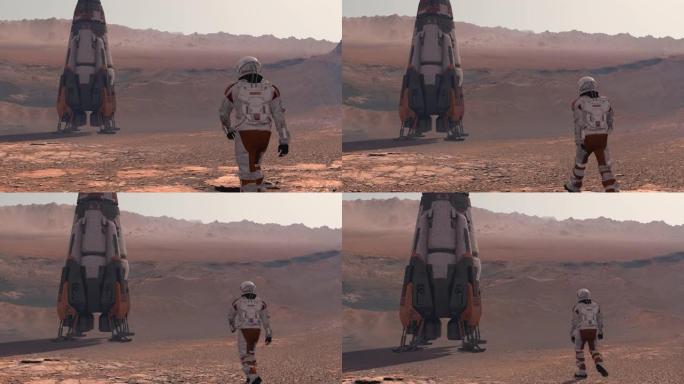 火星上的殖民地。在火星表面行走的宇航员。探索火星任务。未来殖民和太空探索概念。