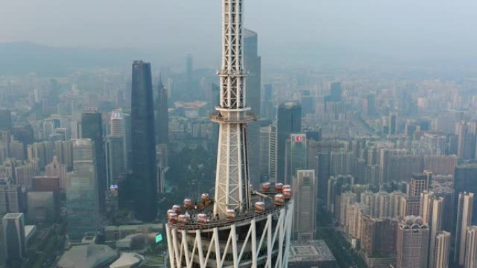 日落时间广州市著名塔顶视点航空全景4k中国