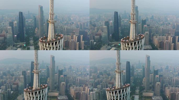 日落时间广州市著名塔顶视点航空全景4k中国