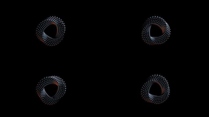 黑色背景上抽象环的3D动画。光线微弱。
