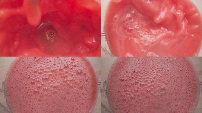 搅拌机中西瓜汁冰沙的慢动作俯视图镜头