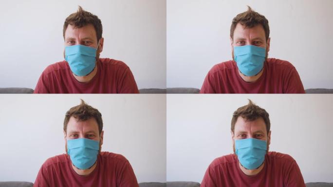 微笑的男人戴着新型冠状病毒肺炎面具。4K