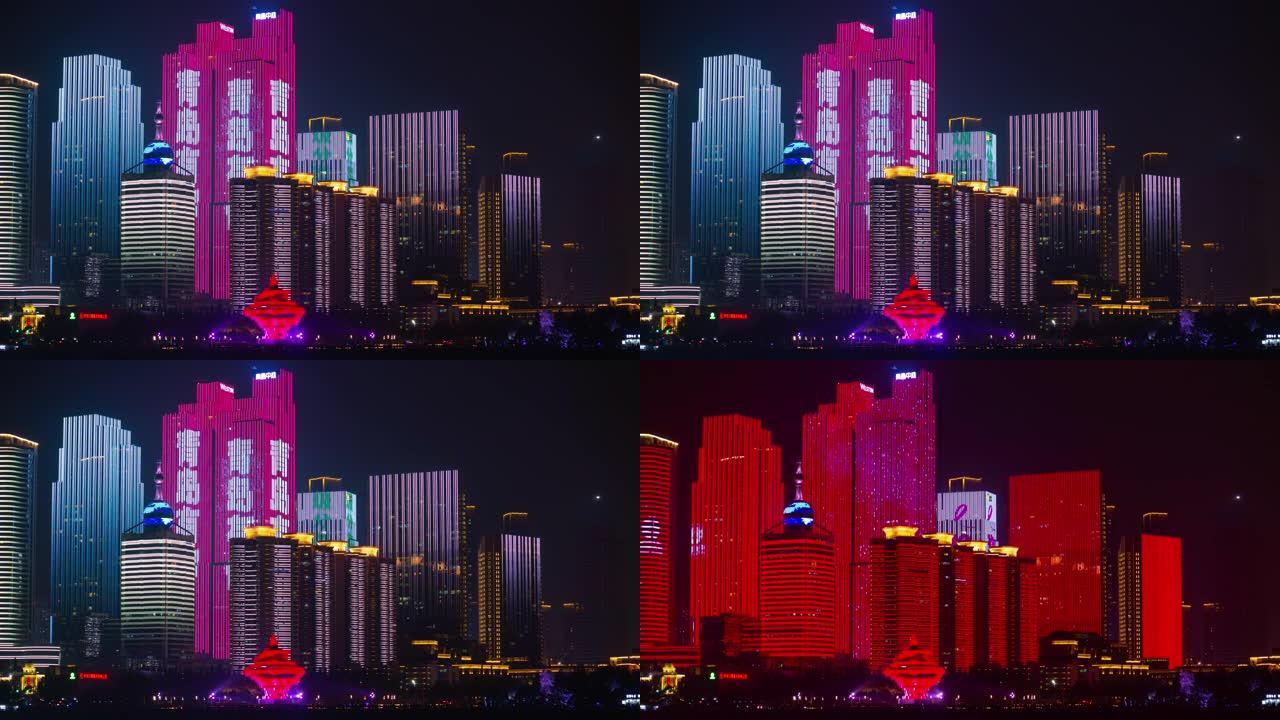 夜间照明显示青岛市市中心纪念碑湾全景延时4k中国