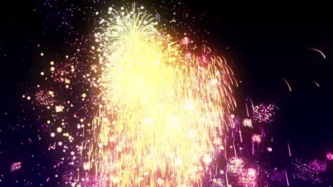 节日快乐的一天，五颜六色的明亮烟花。黑暗天空中爆炸产生的火花。烟火爆炸的动画。