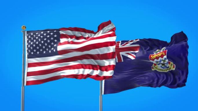 开曼群岛和美国国旗一起在深蓝色的天空中飘扬。高清3D渲染。