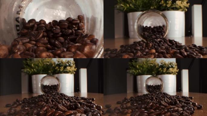 深色油炸豆子被从玻璃罐中砸出，咖啡背景。