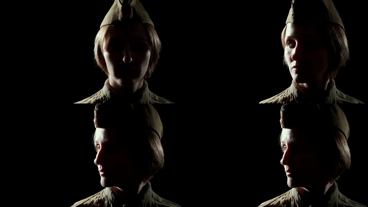 一个穿着苏联红军制服的年轻女子在阴影里的视频