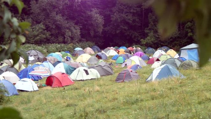 森林草坪上的一大群帐篷