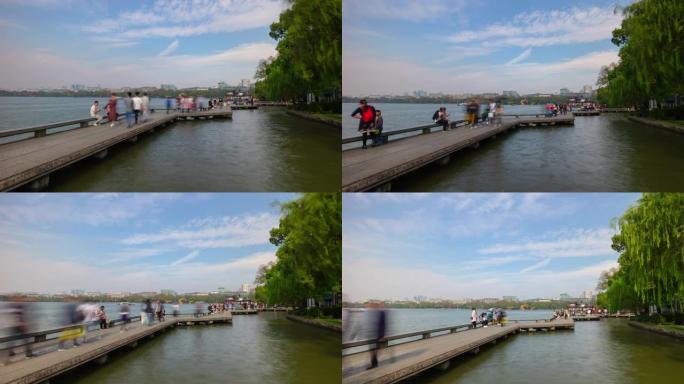 杭州市阳光明媚的夏日著名的湖湾拥挤码头全景延时4k中国