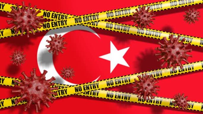 土耳其国旗和没有进入标志。循环抽象冠状病毒背景
