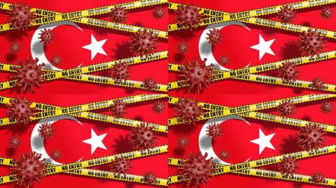 土耳其国旗和没有进入标志。循环抽象冠状病毒背景
