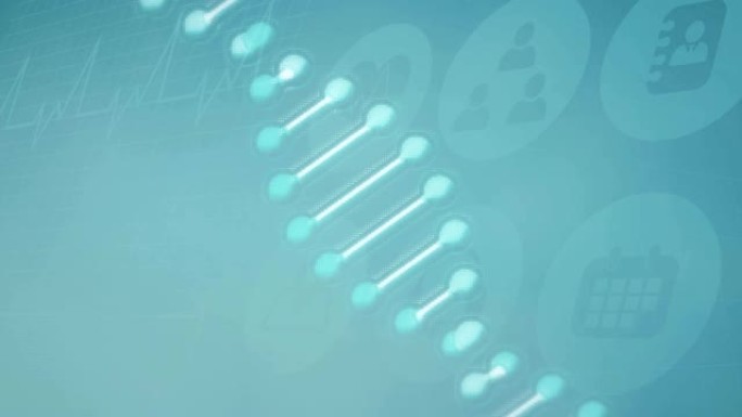 漂浮在蓝色背景上的社交图标旋转的DNA菌株动画