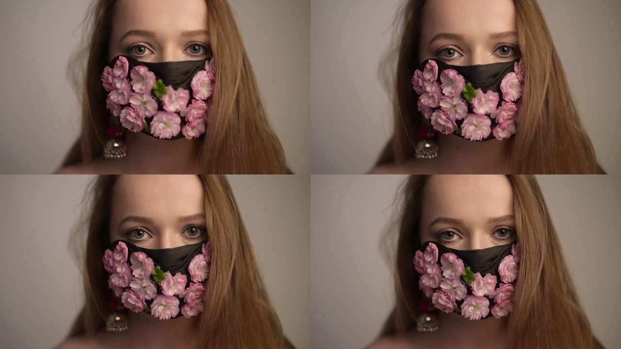 华丽的春姑娘，面具上有鲜花。我们无法呼吸的春天，花香。戴着花朵和花蕾面具的波特女孩。冠状病毒，口罩，