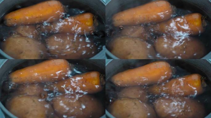 去皮的胡萝卜和土豆在平底锅中加水煮沸