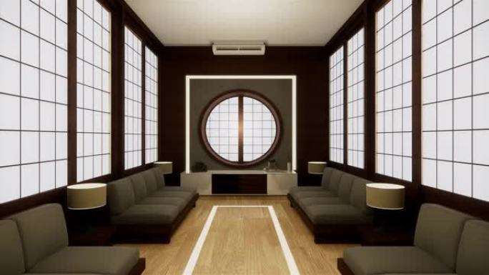日本房间的沙发日式风格和白色背景提供了一个编辑窗口。3d渲染
