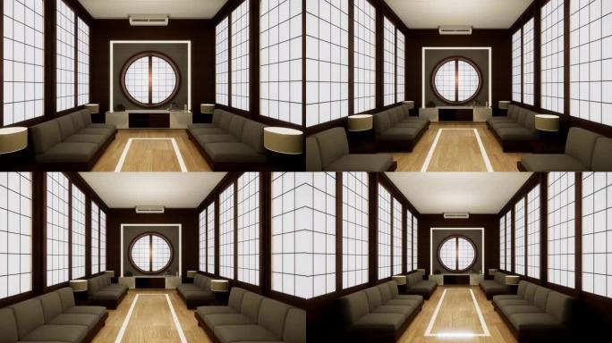 日本房间的沙发日式风格和白色背景提供了一个编辑窗口。3d渲染