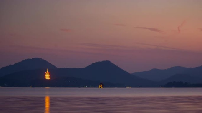 日落时间杭州市著名的湖塔湾延时全景4k中国