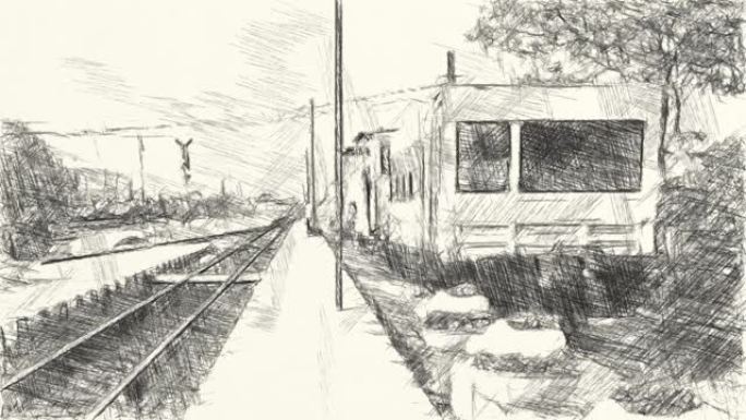 火车站的黑白画