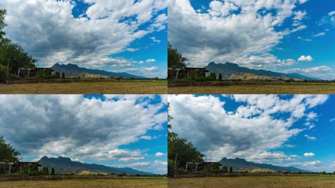 稻田和山脉背景与美丽的蓝天，延时视频