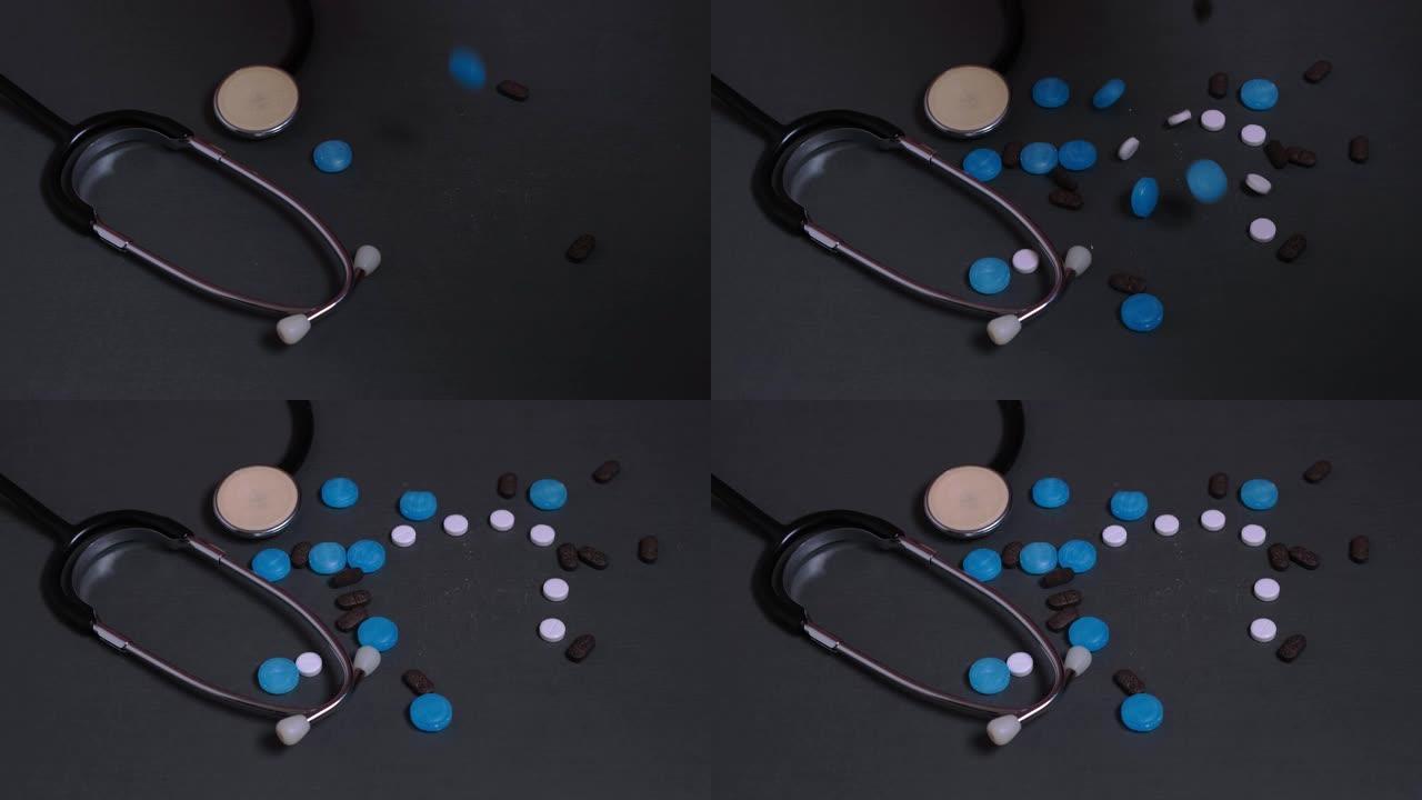 五颜六色的药丸落在灰色的背景上。在灰色的背景下，有阴沉的药丸和测光仪。药物和毒瘾的概念