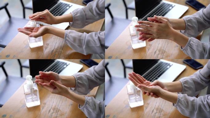 使用洗手液预防冠状病毒大流行的女性手