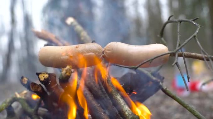在森林里的篝火上炸美味的香肠。有趣的家庭假期。野餐和露营。在火炉旁明亮的火焰中烹饪晚餐。用木棍煮4k