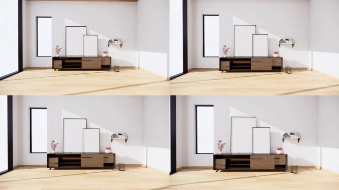 橱柜装饰上挂着空白黑屏的智能电视模型，现代客厅日式风格。3d渲染