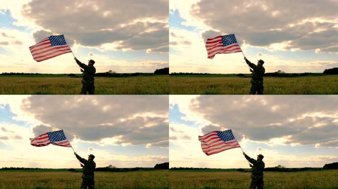 士兵侧身站着，高举美国国旗对抗蓝天。慢动作