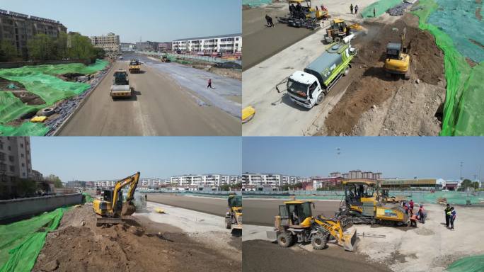 道路建设挖掘机压路机公路修路施工工地4K