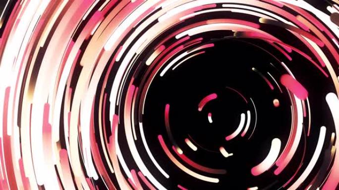 旋转彩色对称漏斗粉色和红色曲线线与3D效果。动画。惊人的模糊明亮的窄条纹移动成一个圆圈，无缝循环