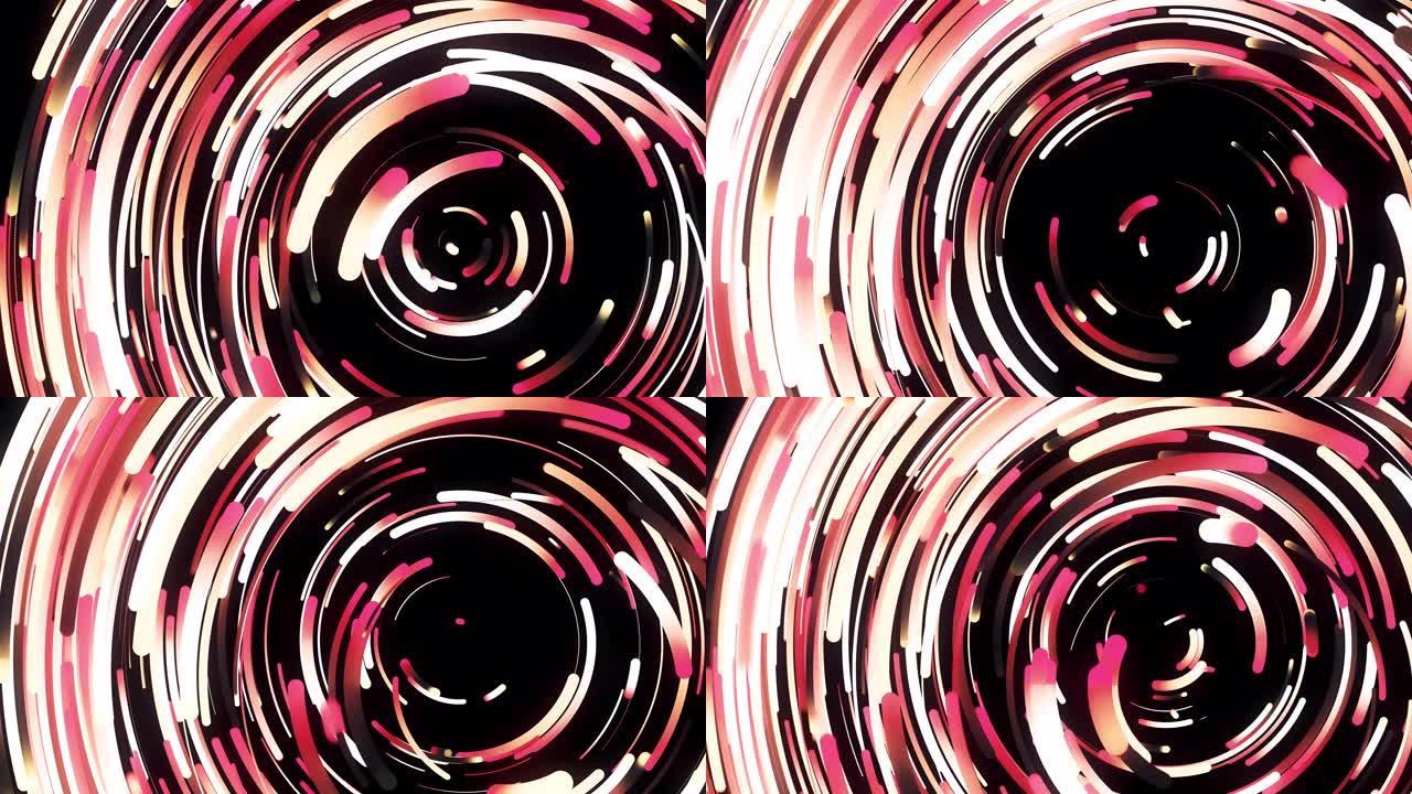 旋转彩色对称漏斗粉色和红色曲线线与3D效果。动画。惊人的模糊明亮的窄条纹移动成一个圆圈，无缝循环