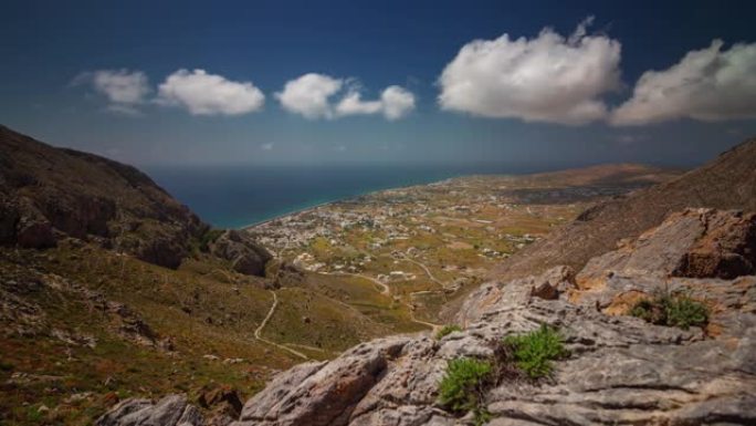 晴天著名的圣托里尼岛镇岩山全景4k延时希腊