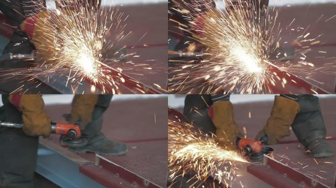 用角磨机用男性手切掉金属坯料。在施工现场用飞溅的火花切割钢材。金属角磨机切割过程中的火花。