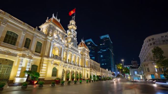 夜间照明胡志明市著名建筑广场全景4k越南