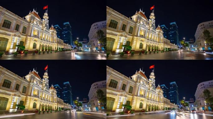 夜间照明胡志明市著名建筑广场全景4k越南