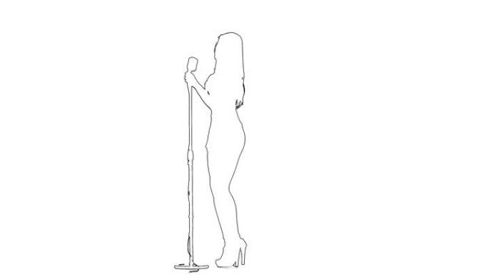 女人在复古麦克风附近唱歌和跳舞的轮廓草图。白色背景。剪影