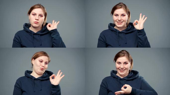 显示ok手势的stop女人的视频，特写镜头