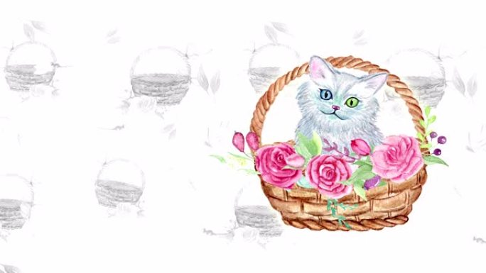 手绘水彩猫和花的抽象背景。无缝循环4k镜头。