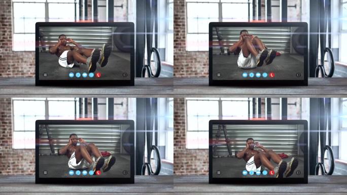 平板电脑动画显示一个非洲裔美国人在锻炼。冠状病毒传播
