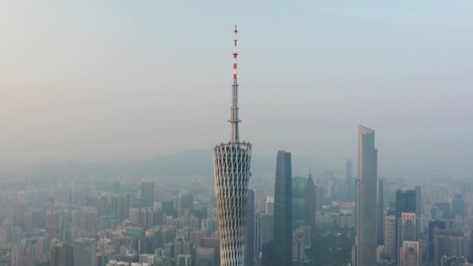 阳光明媚的夜晚广州城市著名塔顶市中心区域空中全景4k中国