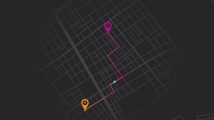 GPS交付标记在城市地图上从a点移动到B点。黑色背景上的运动图形导航动画